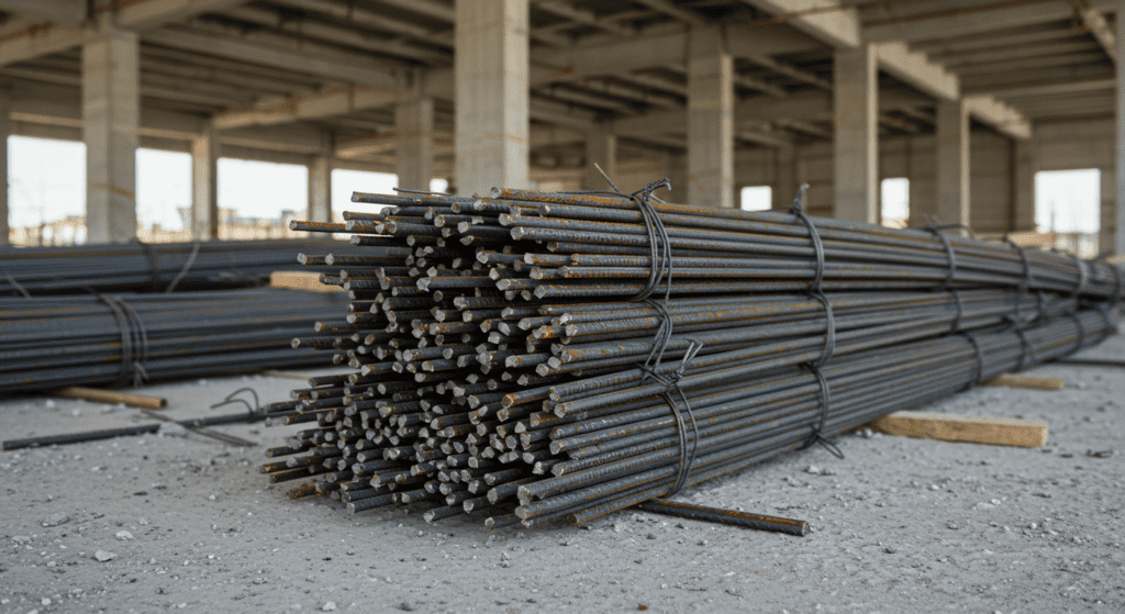 Imagem de um canteiro de obras bem organizado, com materiais de aço empilhados e prontos para uso
