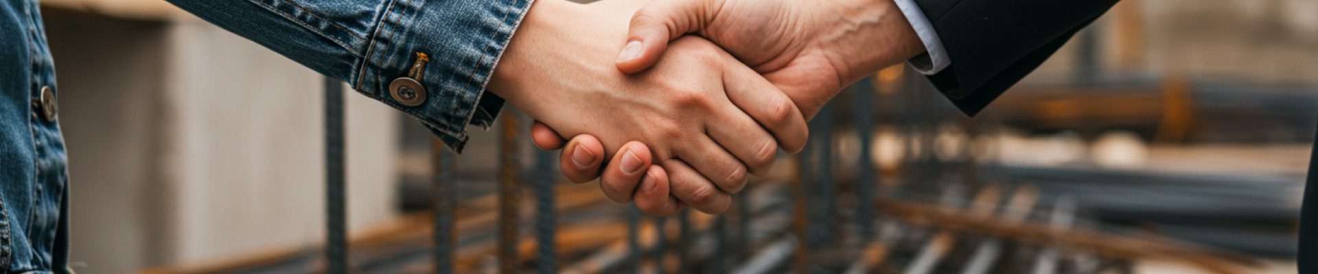Mãos selando um acordo em um canteiro de obras, com vergalhões de aço ao fundo, simbolizando parceria e confiança na construção civil